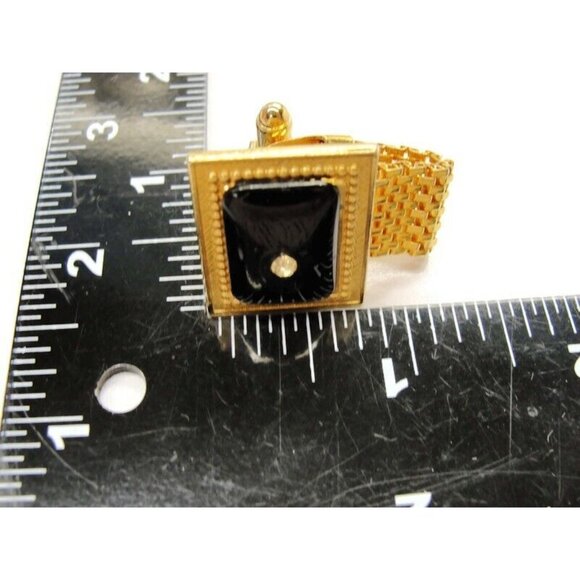La Rue Mesh Rectangle Vtg Cufflinks Black & Gold Tone Tux Wedding Formal IOB - Picture 6 of 12